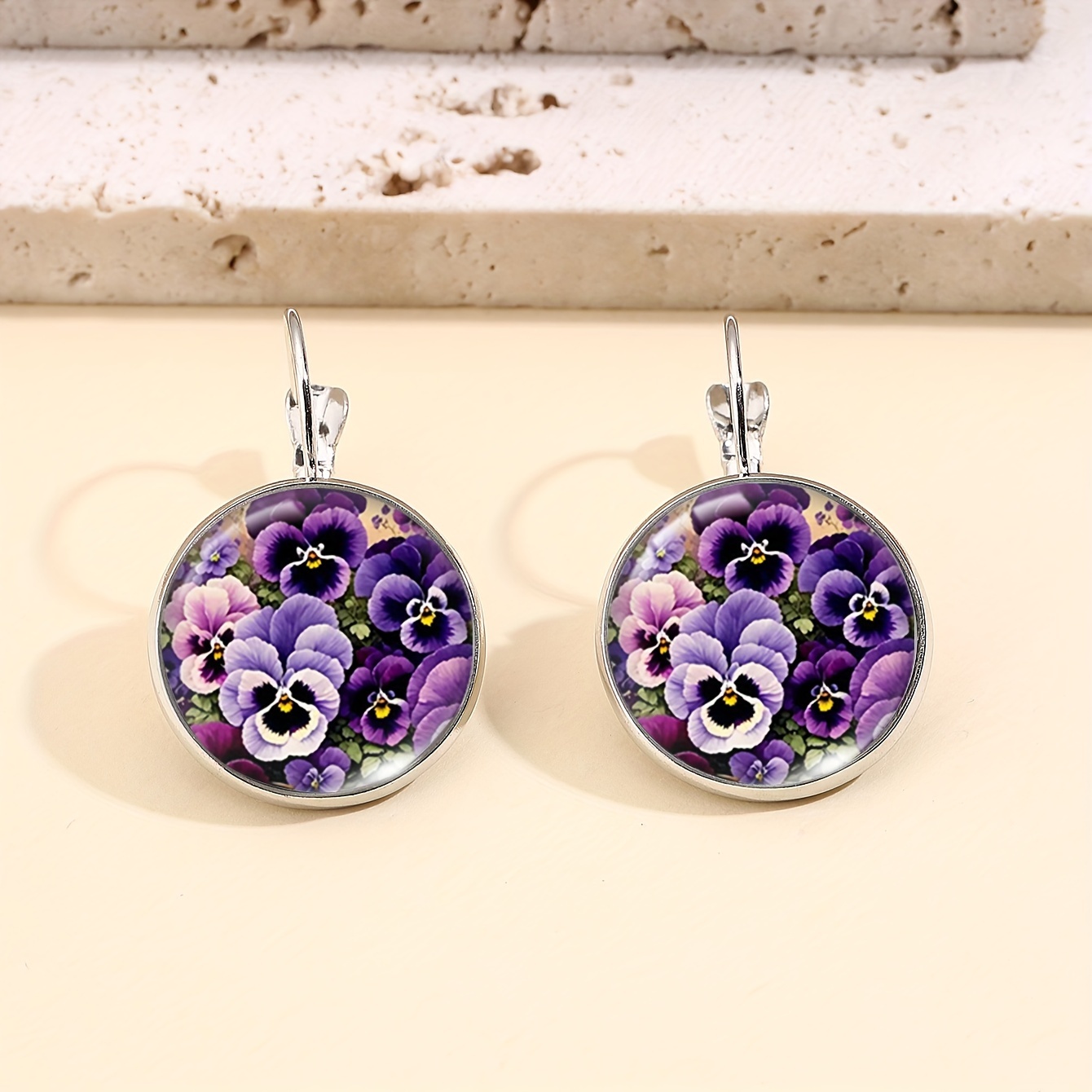 TEMU 1pc Vintage -color Floral Ladies' Round French Earrings With Glass Inlay And Iron Body For And Party