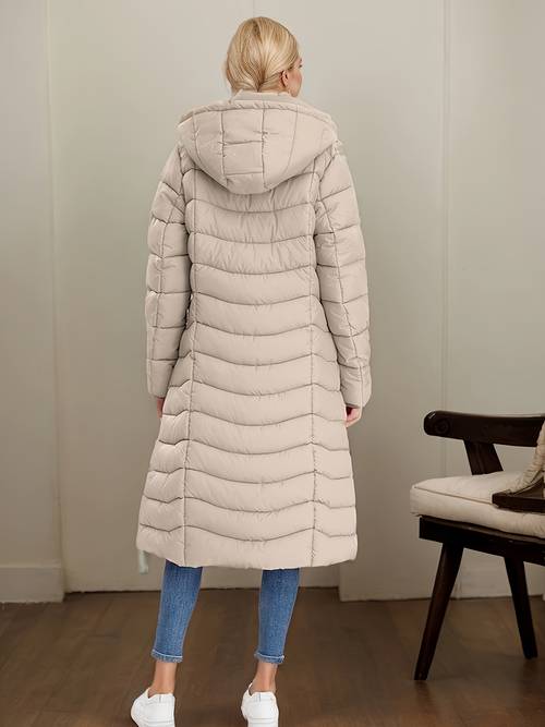 womens long jacket stylish winter coat with hood zippered pockets adjustable drawstrings for machine washable casual cold gear minimalistic design quilted insulation