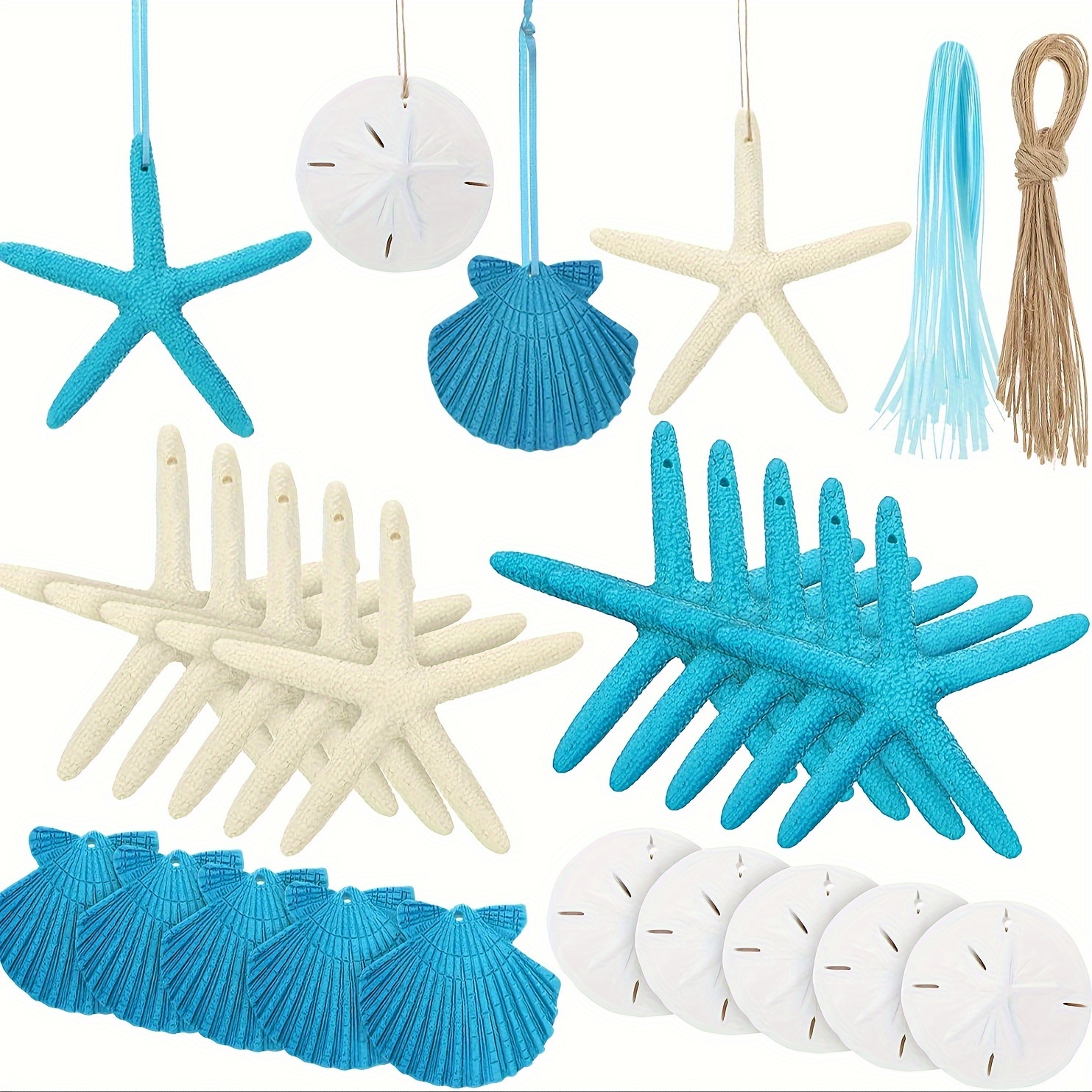 

20pcs, Resin Seashell Starfish Ornaments Sand Dollar Hanging Decorations With Rope And Blue Ribbon For Summer Beach Wedding Party Diy Craft Decorations