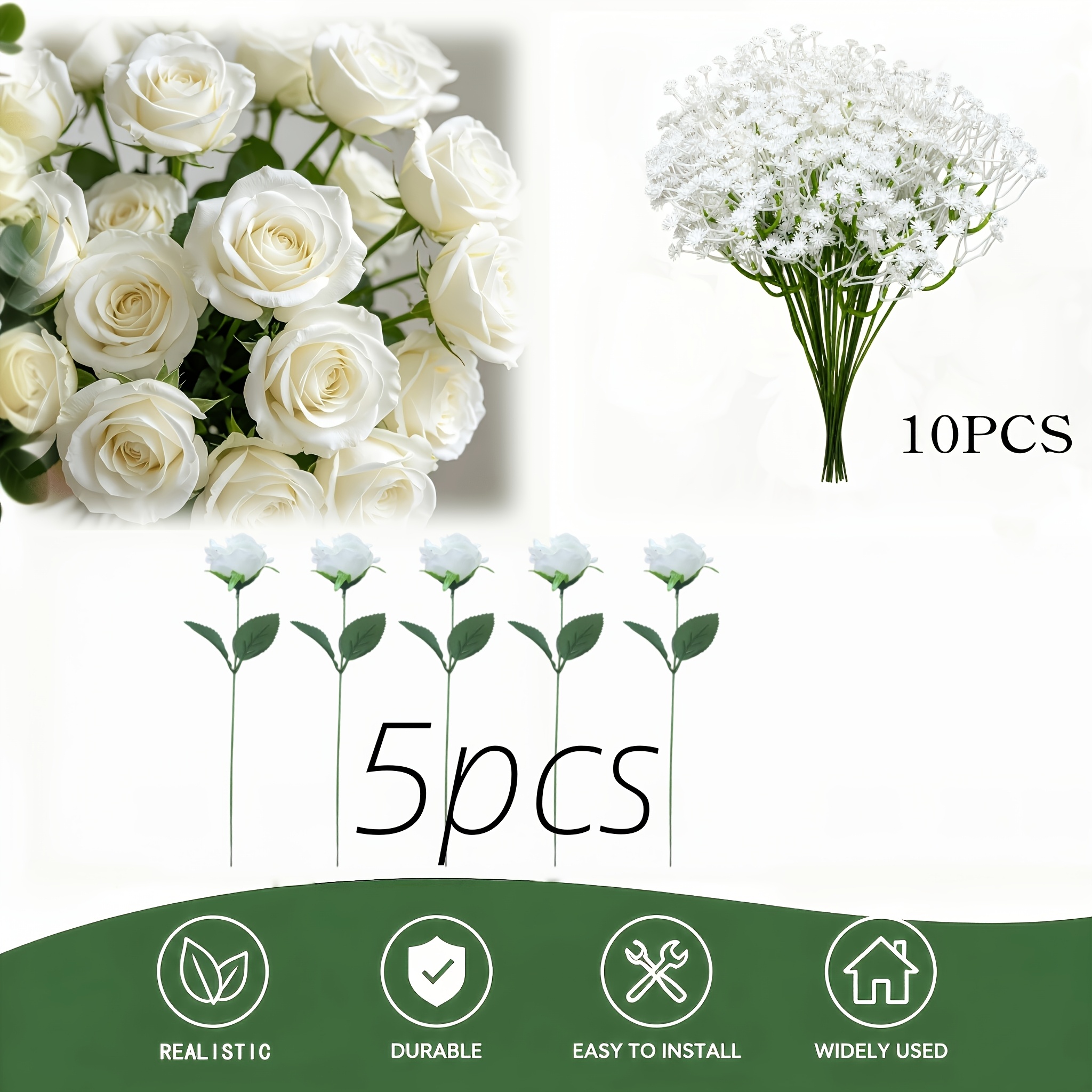 TEMU 15pcs High-end Artificial Rose And Baby's Breath Bouquet Set, Realistic And Artificial Roses, Ideal For Holiday Decorations. Suitable For