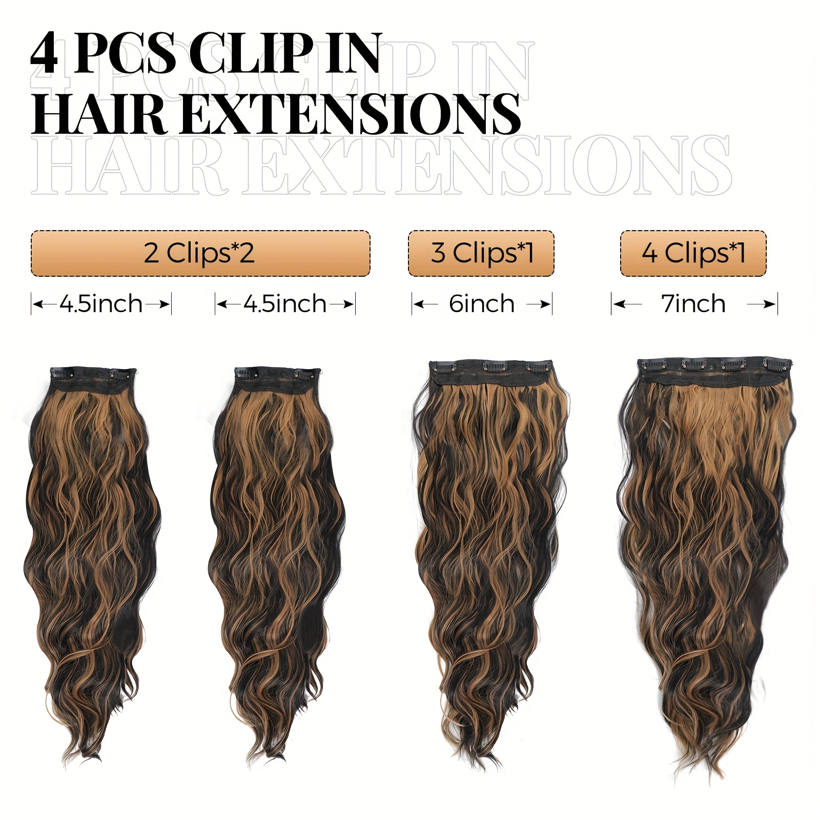 4pcs   clip in hair extensions 20 inch long wavy dark brown with golden highlights thick heat resistant synthetic hairpieces with 2 bb clips storage bag for women all   details 0