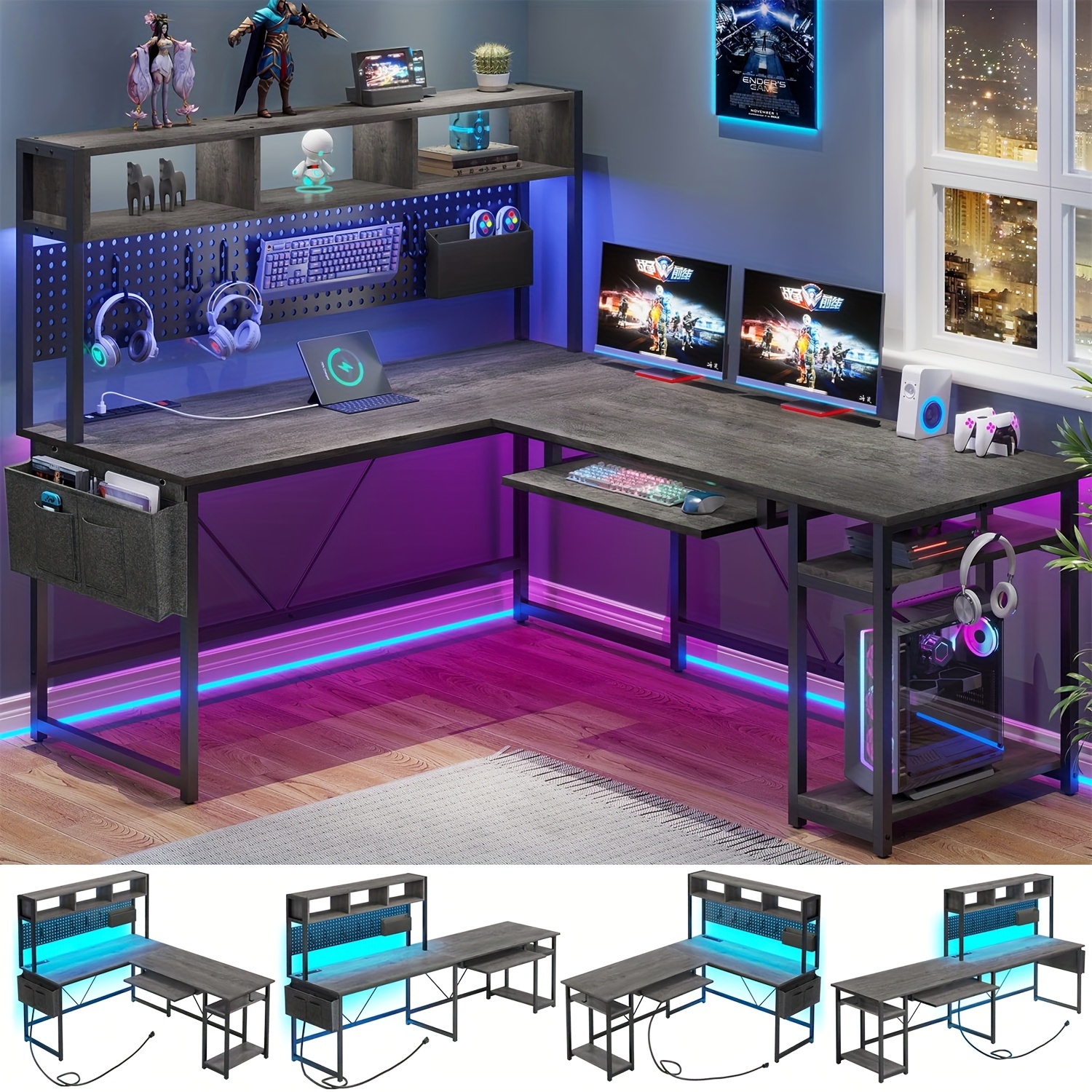 

L-shaped Desk With Hutch & Pegboard, Corner Gaming Desk With Led Lights & Charging Station For Bedroom, Dark Gray