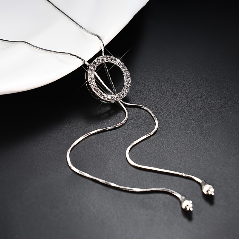 Rhinestone Round Pendant Long Necklace Clothing Accessory