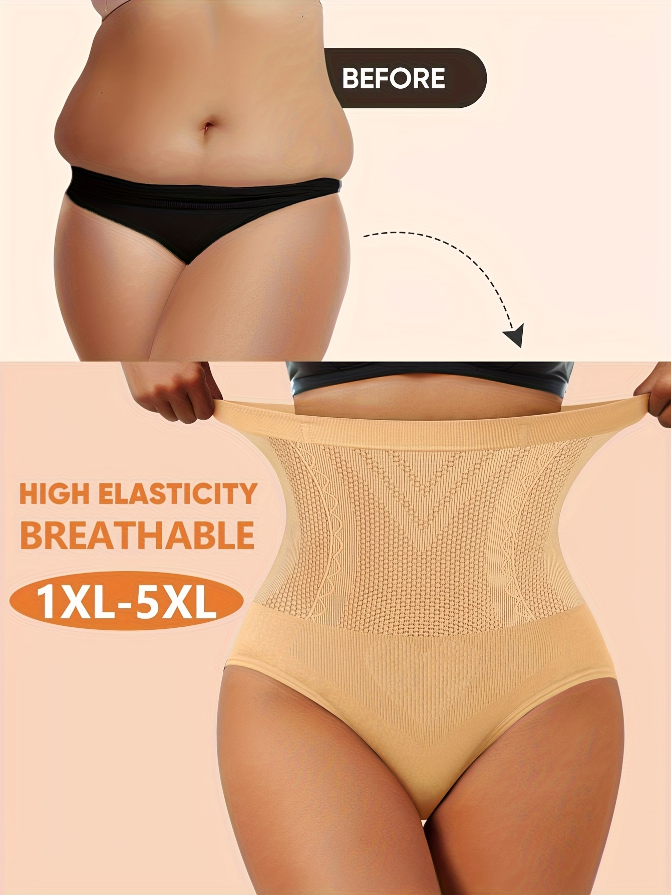 1-Pack MIOTAN Women's Plus Size High-Waisted Tummy Control Seamless Underwear - XL to 5XL, Breathable Soft Stretch Fabric, Butt-Lifting Posture Support, Beige, Tummy Control Underwear, Body Shaping Underwear, Highwaist Design, Elasticity Underwear