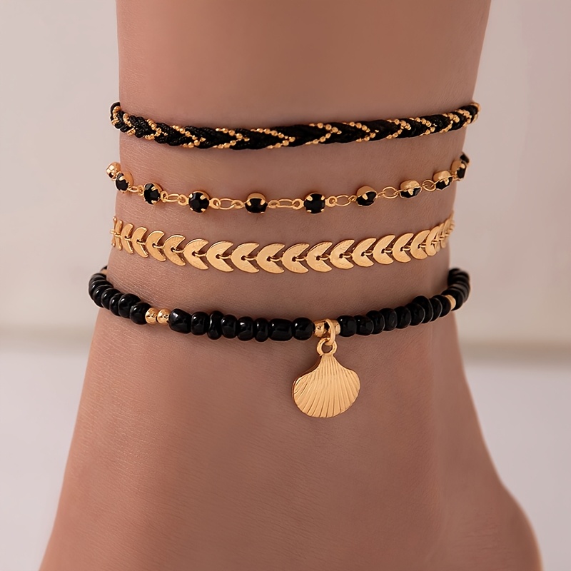 TEMU 4pcs Boho Fashion Metal Scallop Pendant Braided Anklet Set | Kc Golden Plated, Layerable, Ideal For Daily And Party Wear, Perfect Gift For