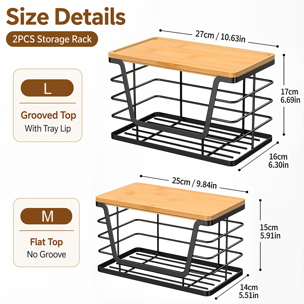 TEMU 2pcs Metal Trash Bag Holder, Stackable Under Sink Garbage Bag Dispenser, Wall Mount Metal Storage Basket With Bamboo Top For Kitchen, Laundry &