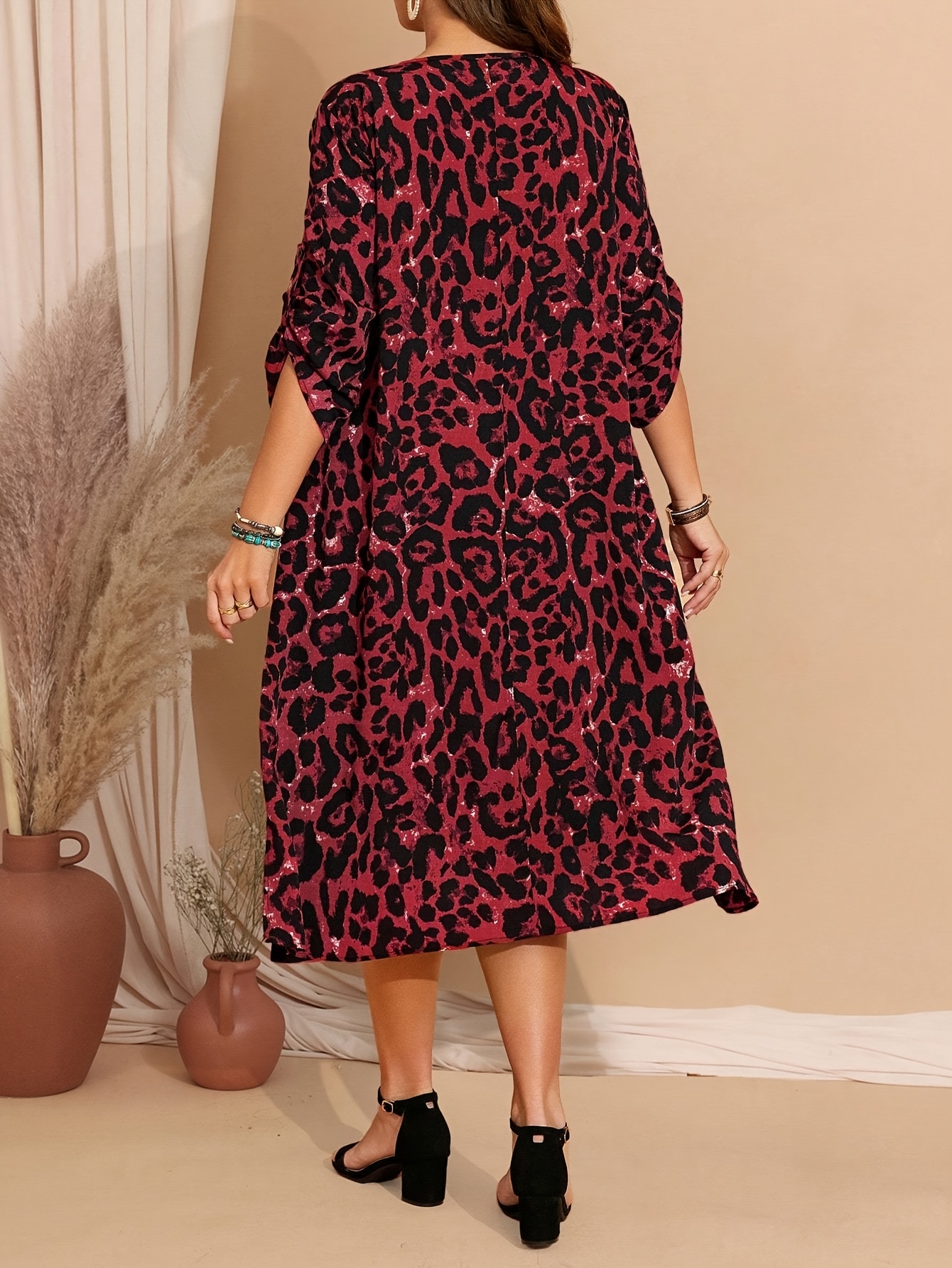 Plus Size Women's Leopard Dress Elegant Round Neck Short Sleeve A-Line  Silhouette, Machine Washable Spring/Fall Fashion, Burgundy Bla