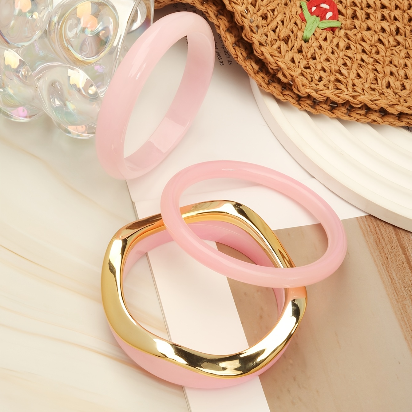 TEMU 4pcs Pink Round Bangle Bracelet Set Suitable For Daily Wear & Vacation, -coated Stackable Minimalist Blush Tone Bangles, Non-metal For Layering,