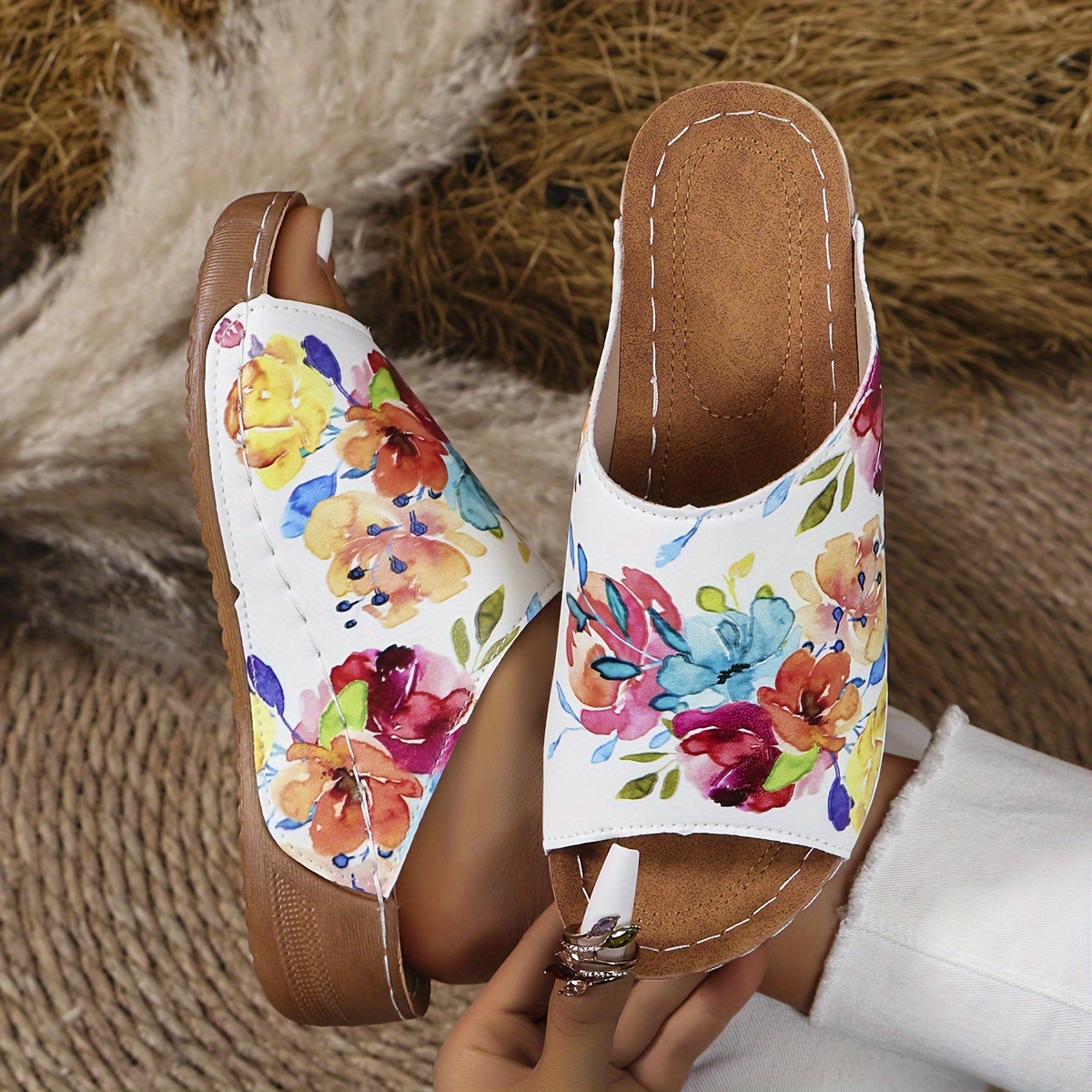 

Women's Flower Pattern Wedge Heeled Sandals, Casual Open Toe Summer Shoes, Comfortable Slip On Sandals