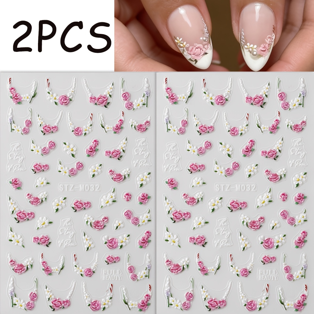 Image of 2 Sheets Floral Nail Stickers, Embossed 3d Pink Rose Trim Flower Self-adhesive Nail Stickers, Nail Decoration