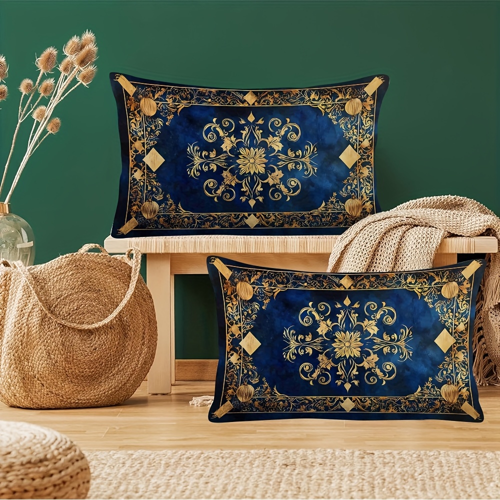 TEMU 2pcs Reversible Royal Blue And Golden Floral Print Cushion Covers, Double-sided High-quality Printing, Soft Short Plush Material, Suitable For