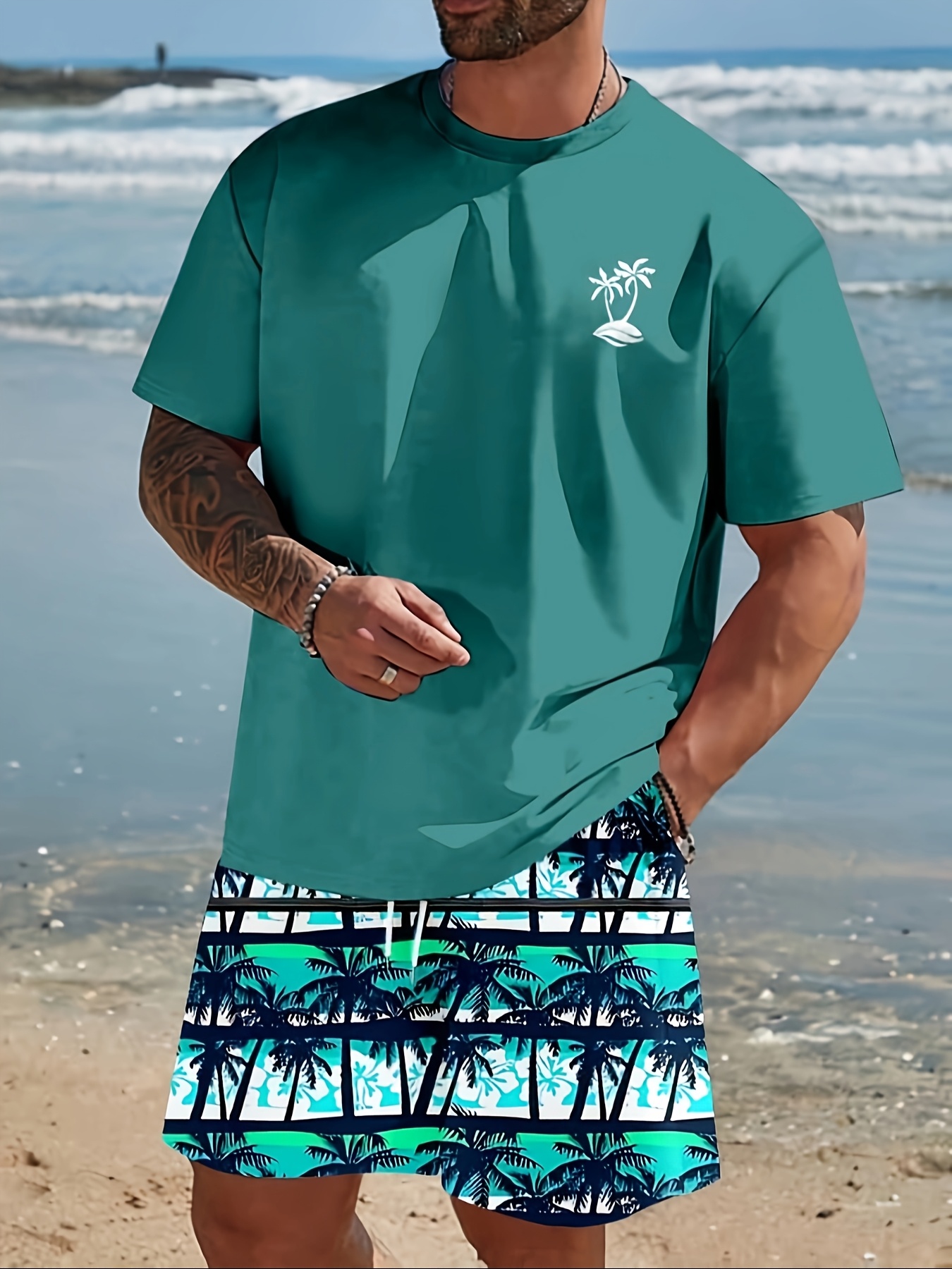 mens casual 2pcs beachwear set beach graphic tee shorts lightweight stretchy ideal for summer vacations exercise beach attire tropical print stretchy fabric