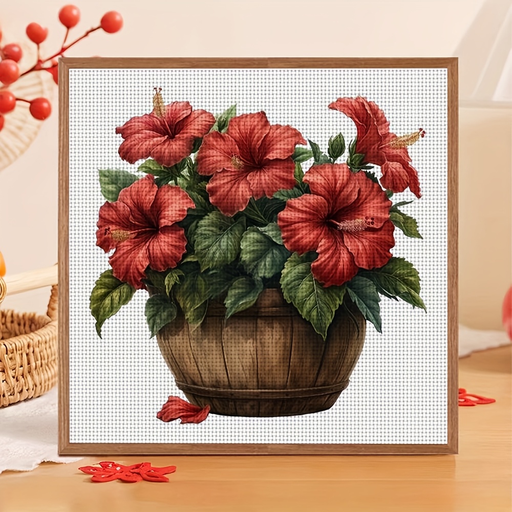 11CT Frameless DIY Cross Stitch Kit, Red Hibiscus Flowers Pattern