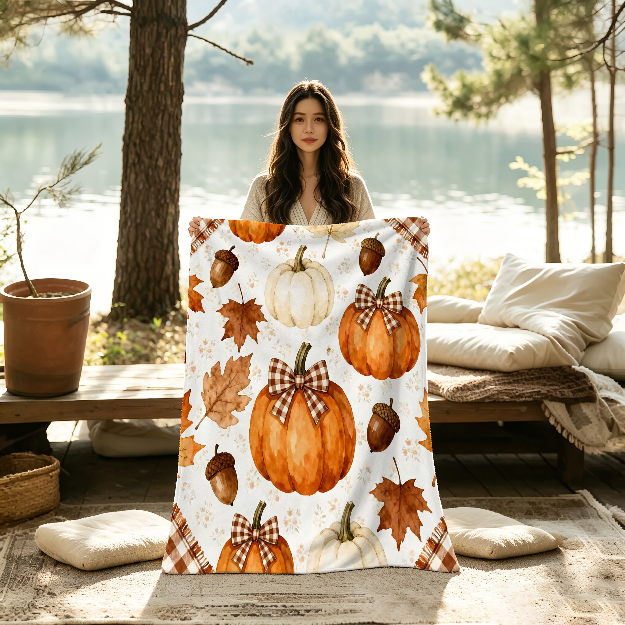 TEMU 1pc 2d Flat Print Autumn Pumpkin Leaf And Print Flannel Throw Blanket, Soft And Comfortable, Anti-pilling, Warm Fabric, Multiple Sizes, Suitable