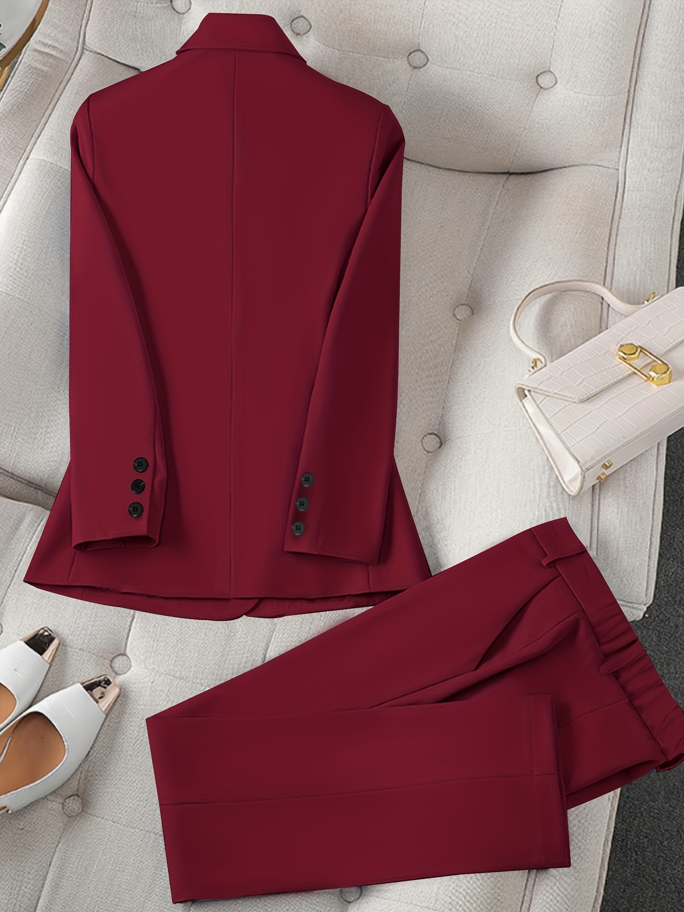 Women'S Casual Two-Piece Set, Fashionable Business Style, Solid Color Long Sleeve Blazer and Pants, Polyester, Button-Up, Regular Fit, with Weekend Casual Wea
