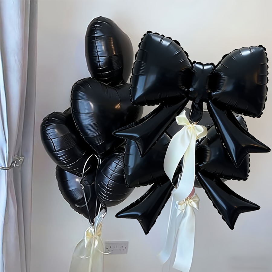 Image of 7pcs/set Black Heart Bow Foil Balloon Set Wedding, Birthday, Anniversary, Valentine's Day, Ramadan, Indoor Room Decoration
