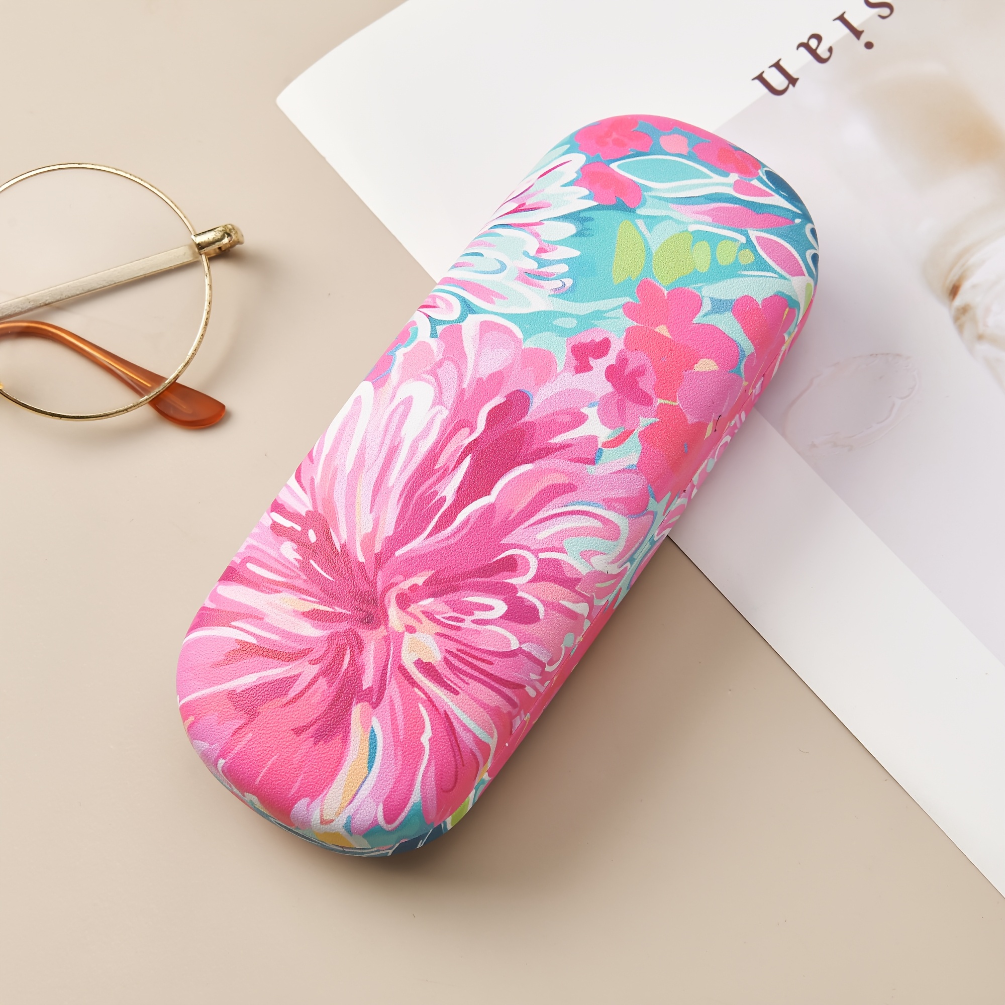 TEMU 1pc, Étui à lunettes à imprimé , portable et résistant à la pression, boîte de rangement pour lunettes, étui à lunettes pour femmes, boîte de