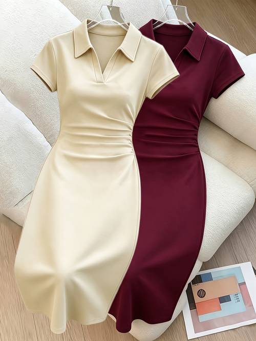 item picture 2pcs set womens elegant neck short sleeve dress ruched waist enhancing midi dress womens spring summer dress