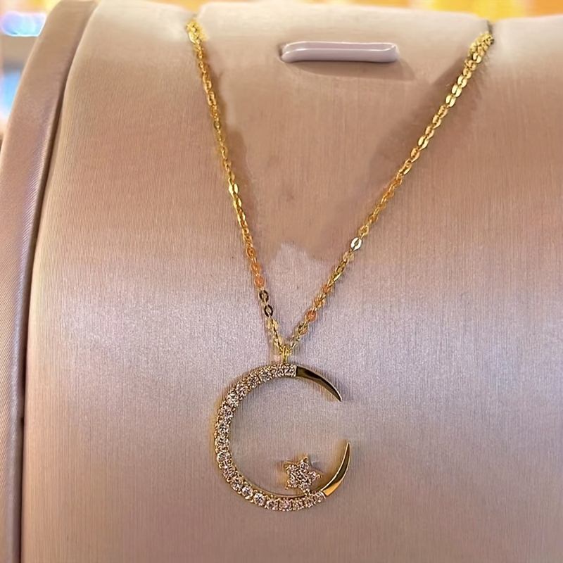 

Star Moon Exquisite Dainty Zircon Ramadan Pendant Necklace, Minimalist Elegant Lovely Versatile Daily Wear Clavicle Chain Jewelry