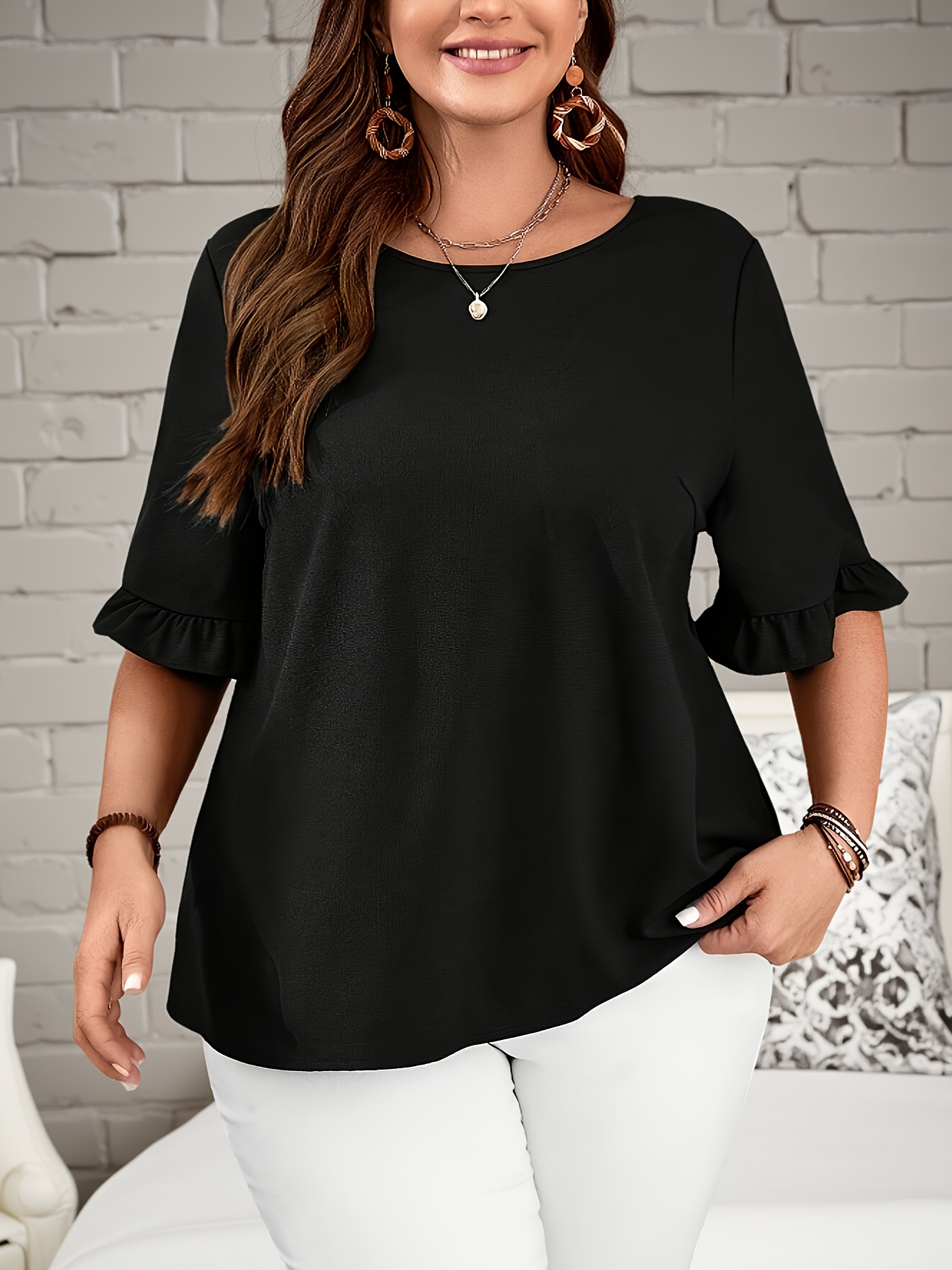 Women'S Plus Size Elegant Black Blouse with Ruffle Sleeves - Chic Solid  Color, Non-Stretch Fabric, Crew Neck, Flared Hem Detail, Summer Fashion,  Plus Size Blouses, image size:800x1067