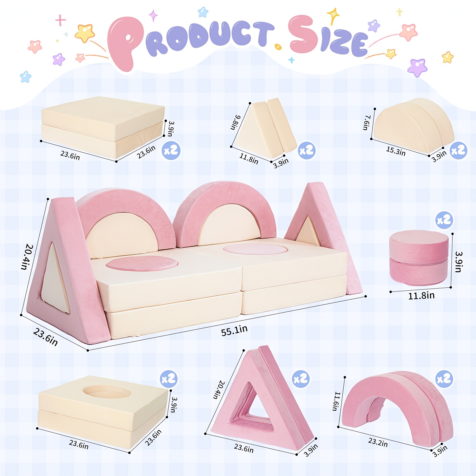12pcs Modular Kids Play Couch - Soft & Sturdy Foam Sofa Washable Velvet Covers DIY Castle Slide Set Living Room Kindergarten Play Area