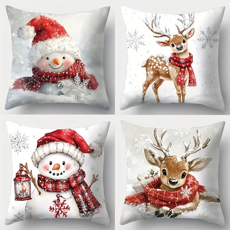 

4pcs Christmas Pillow Cover Set - Snowman & Deer Designs, Polyester, Zip Closure, Machine Washable - Living Room, Office, And Home Decor (inserts Not Included)