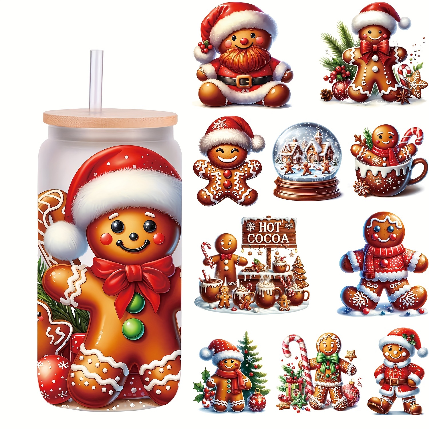 

5pcs Set Of Festive Gingerbread For Man 16oz Glass Jar Wraps - Uv Dtf High Self-adhesive Decorative Stickers For Coffee Mugs & Holiday Crafts