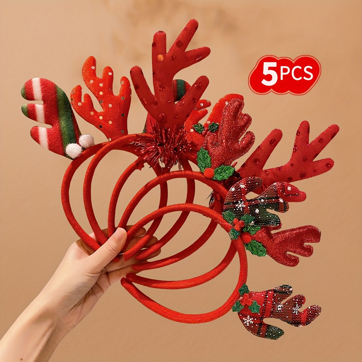 

5pcs Cute Cartoon Antlers Headbands For Teens - Christmas Hair Accessories, Woven Fabric