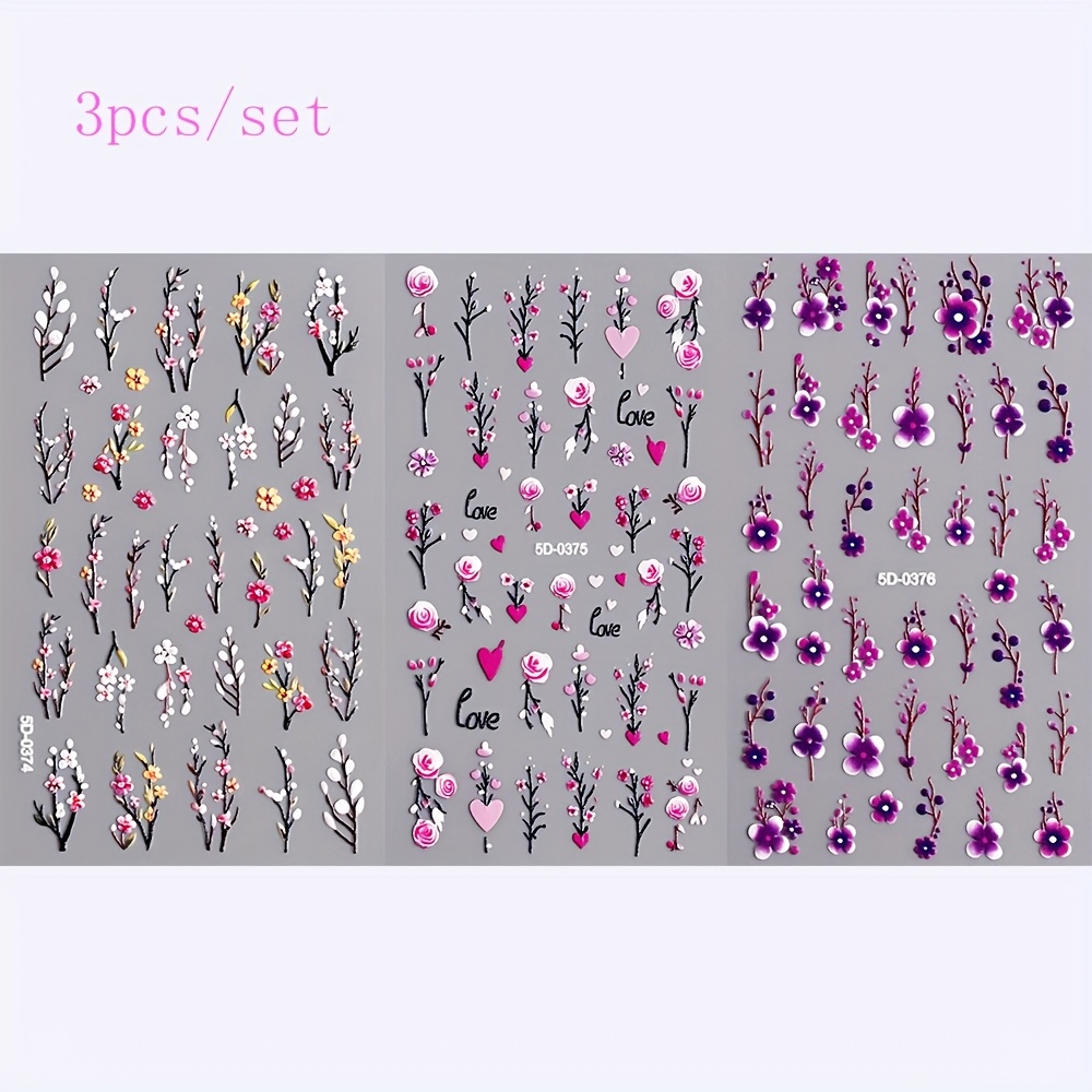 3pcs/set Nail Art Stickers, 5d Embossed Pattern Daisy Self-adhesive Nail Stickers, Diy Nail Art Decorations,durable Nail Decals For ,nail Art Supplies For Women And