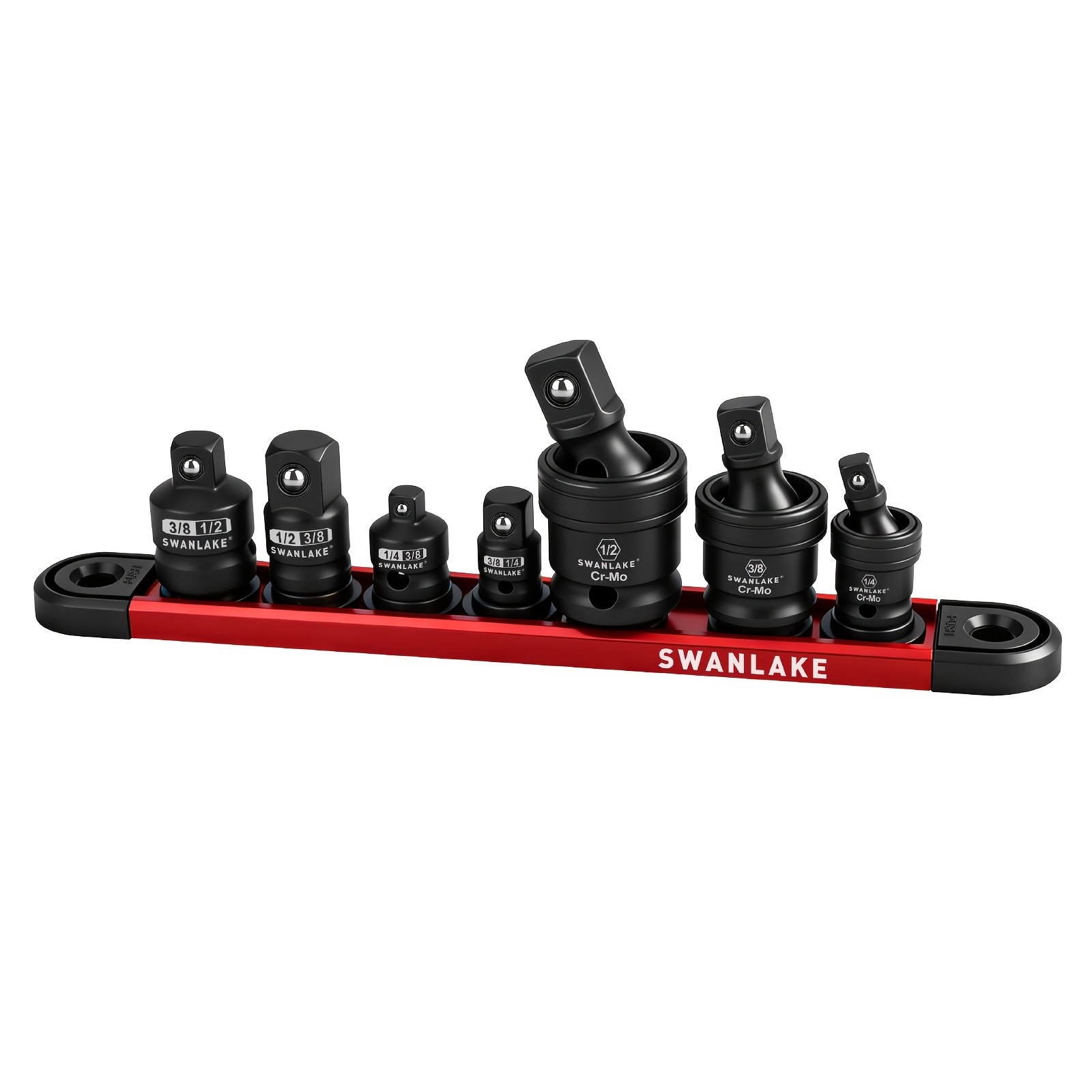 TEMU 7pcs Impact Swivel Socket Adapter Set 1/4" 3/8" 1/2" Drive Universal Joint Socket Kit, Wobble Socket Reducer Set With Magnetic Storage Rail,