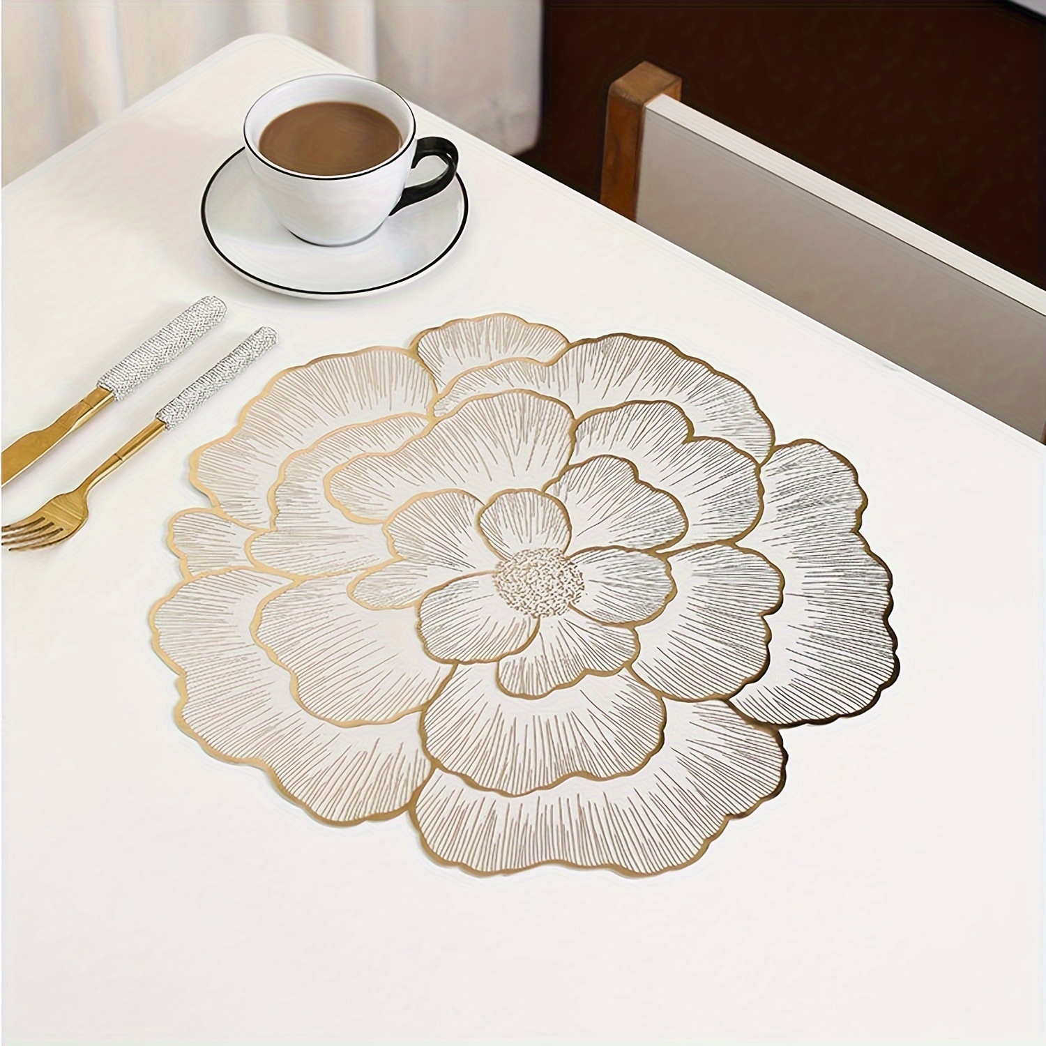 

waterproof" Elegant Gold Floral Vinyl Placemats Set Of 6 - Non-slip, Wipeable Round Table Mats For Dining & Special Occasions