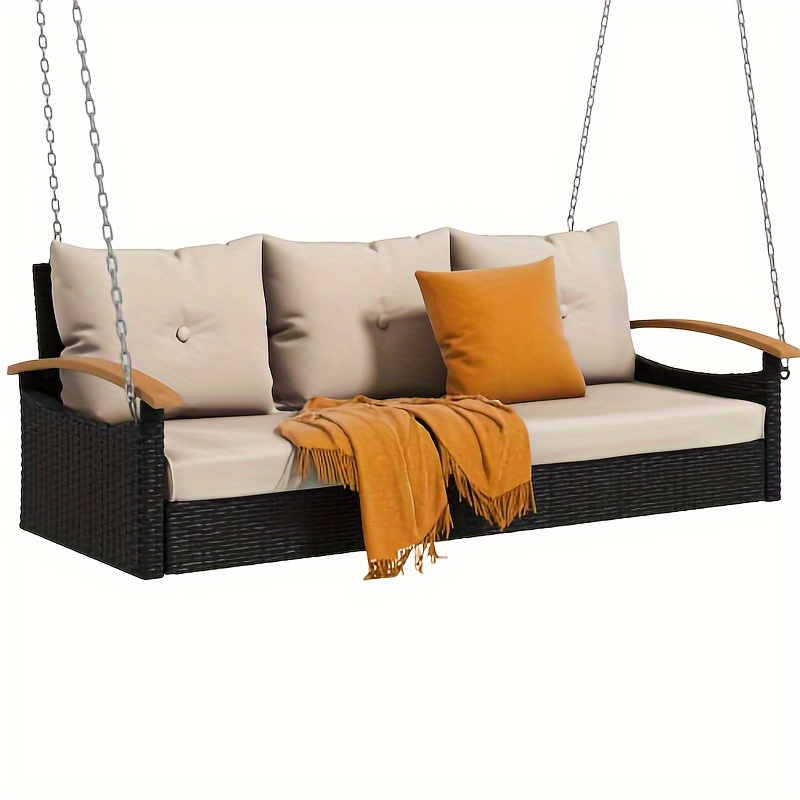 

3- Seater Weather- Resistand Porch Swing, Wicker Rattan Patio Hanging Chair With Cushion For Garden, Balcony, Deck, Black Rattan Brown Cushion