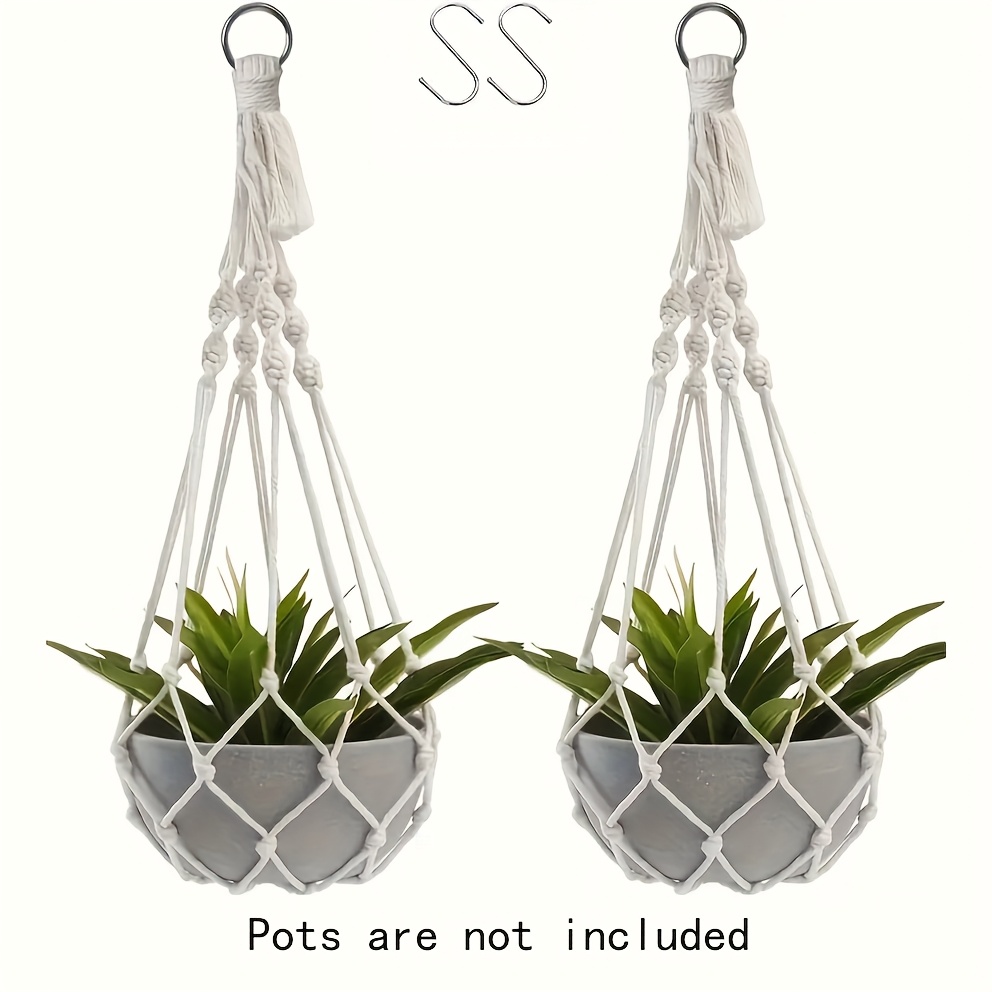 TEMU 2pcs Bohemian Hand-woven Plant Hangers Suitable For Indoor/outdoor Use, Fabric Hanging Flower Pot Holders With Irregular Shape & Patterns, Hook