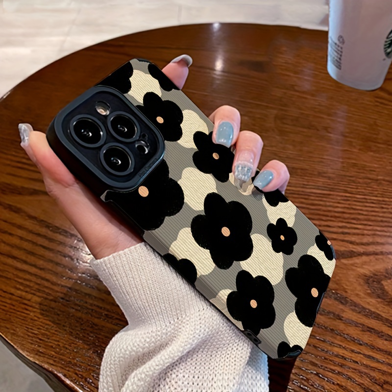 TEMU Simple Black Flower Mobile Phone Case For Iphone15/15plus/15pro/15promax, Iphone 14/14plus/14pro/14promax, Iphone 13/13pro/13promax, Iphone