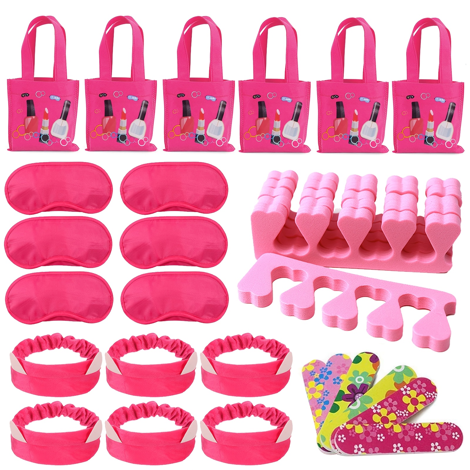 6set/30pcs Spa Party Favor Kit - Polyester Foot Spa Supplies with 6 Tote Bags, Eye Masks, Hair Scrunchies, Toe Separators, Nail Files - Portable & Convenient for Spa Parties
