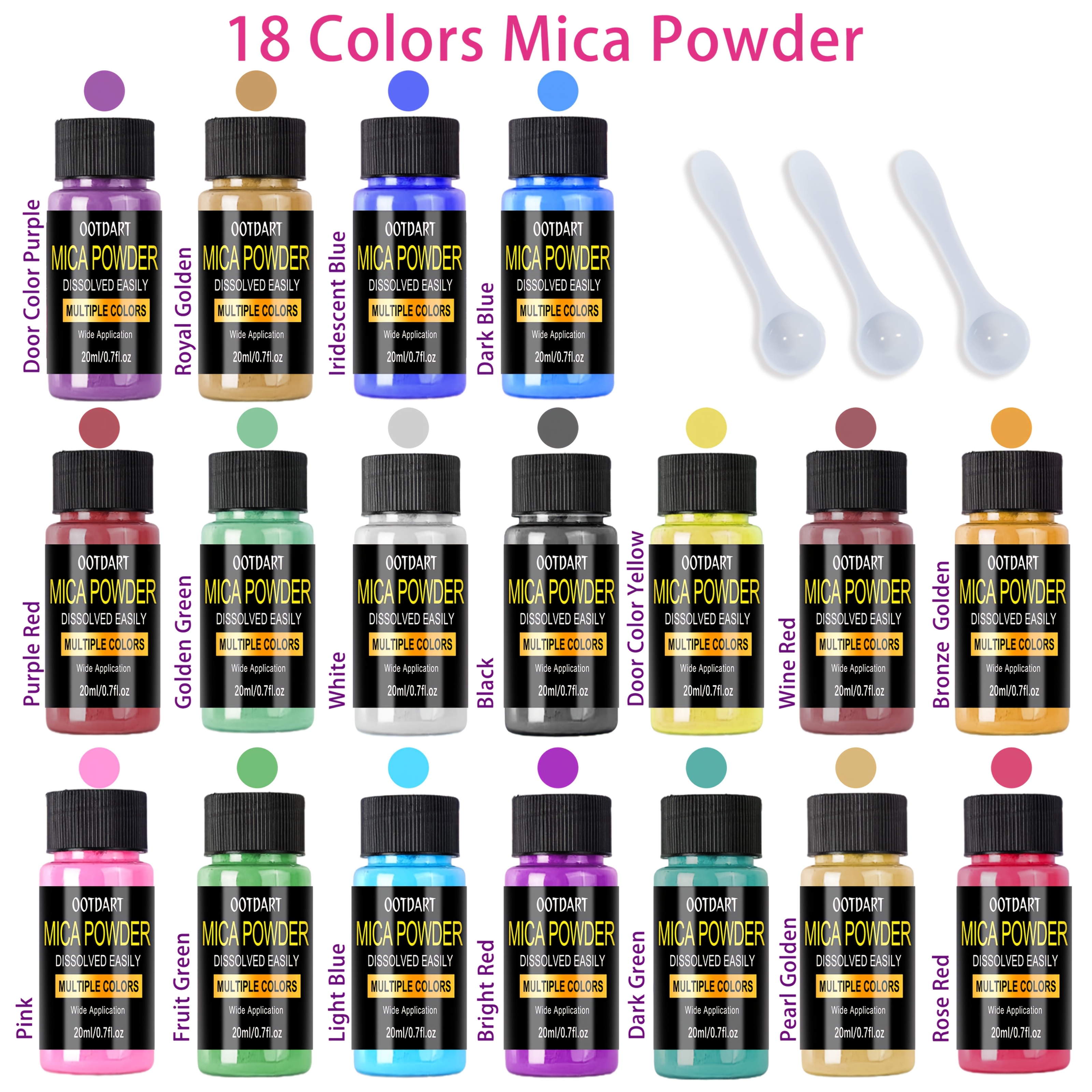 TEMU Poudre de Mica OOTDART, 18 Couleurs (20 ml), Livrée avec Cuillères Blanches, Facile à Dissoudre, , Convient pour la Fabrication de Savon, de