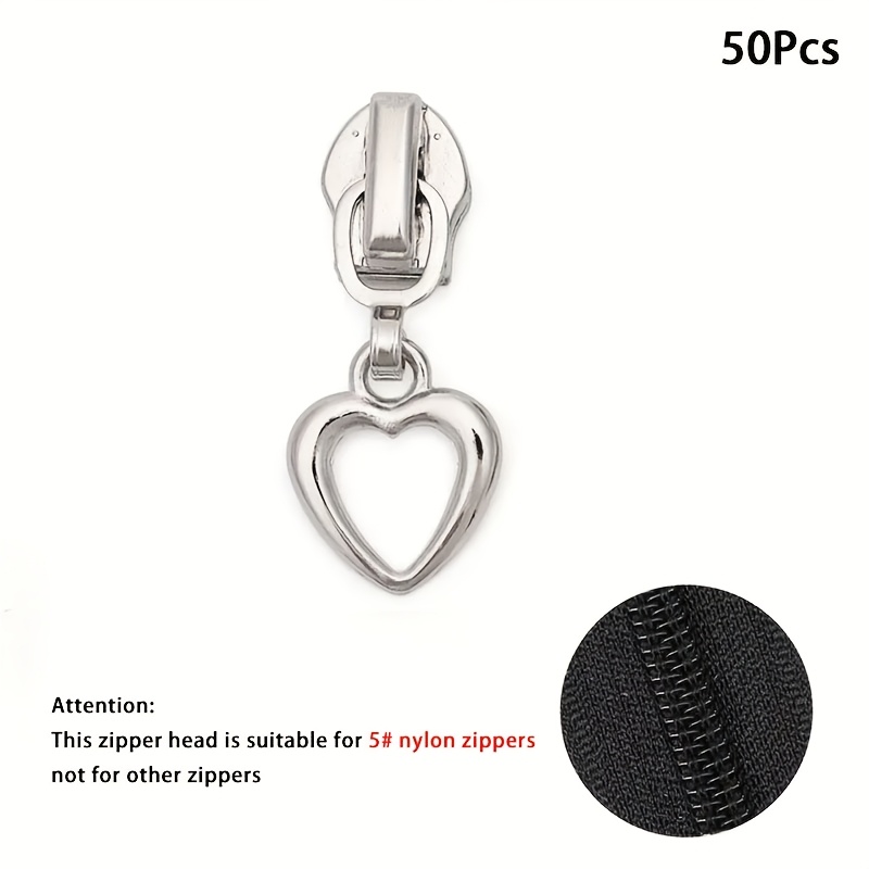 TEMU 50 pezzi Testine per cerniere argentate a forma di cuore, compatibili con cerniere in nylon 5#, kit di riparazione e sostituzione cerniere per