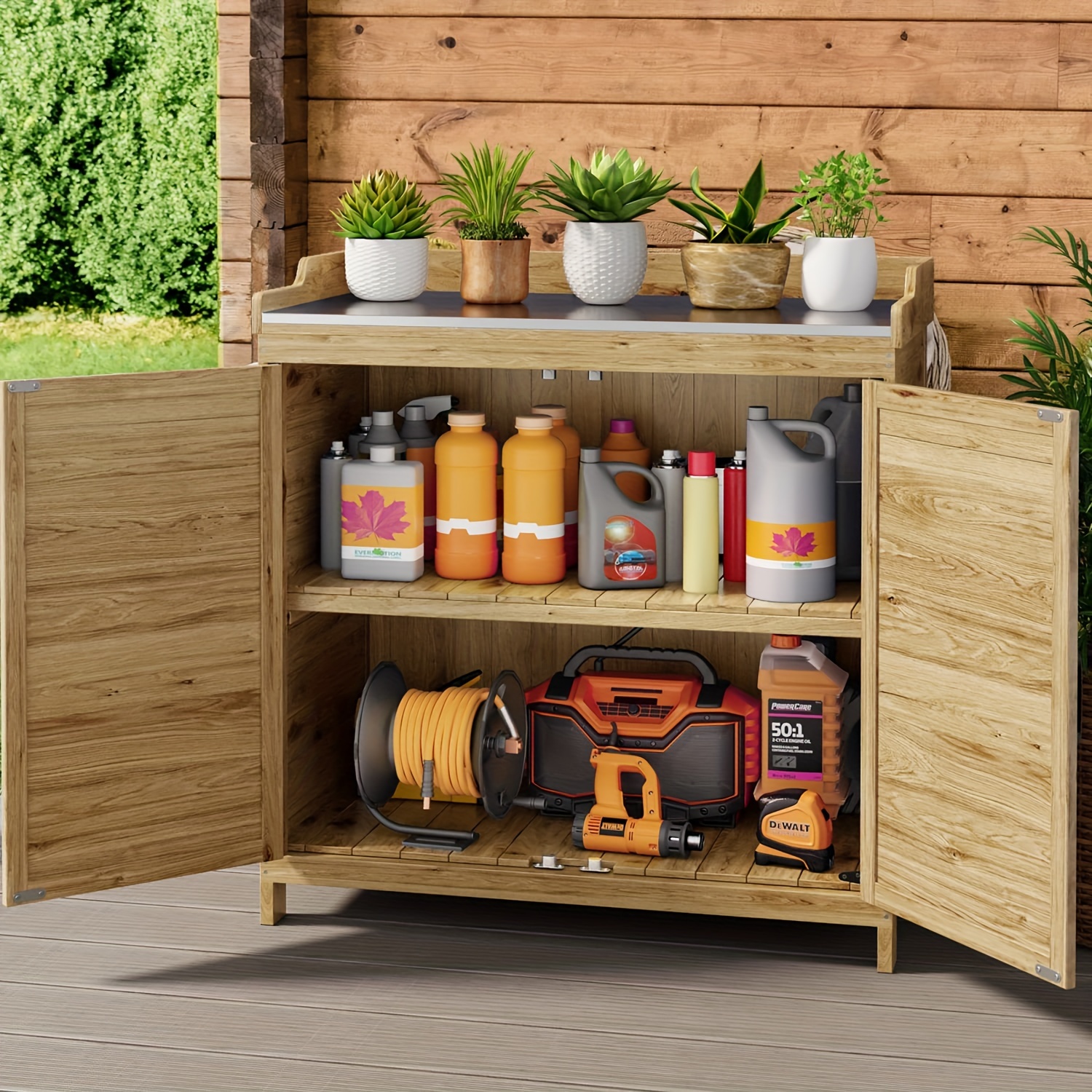 

Outdoor Garden Patio Wooden Storage Cabinet Furniture, Waterproof Tool Shed With Potting Benches, Outdoor Table (natural) Deck Boxes