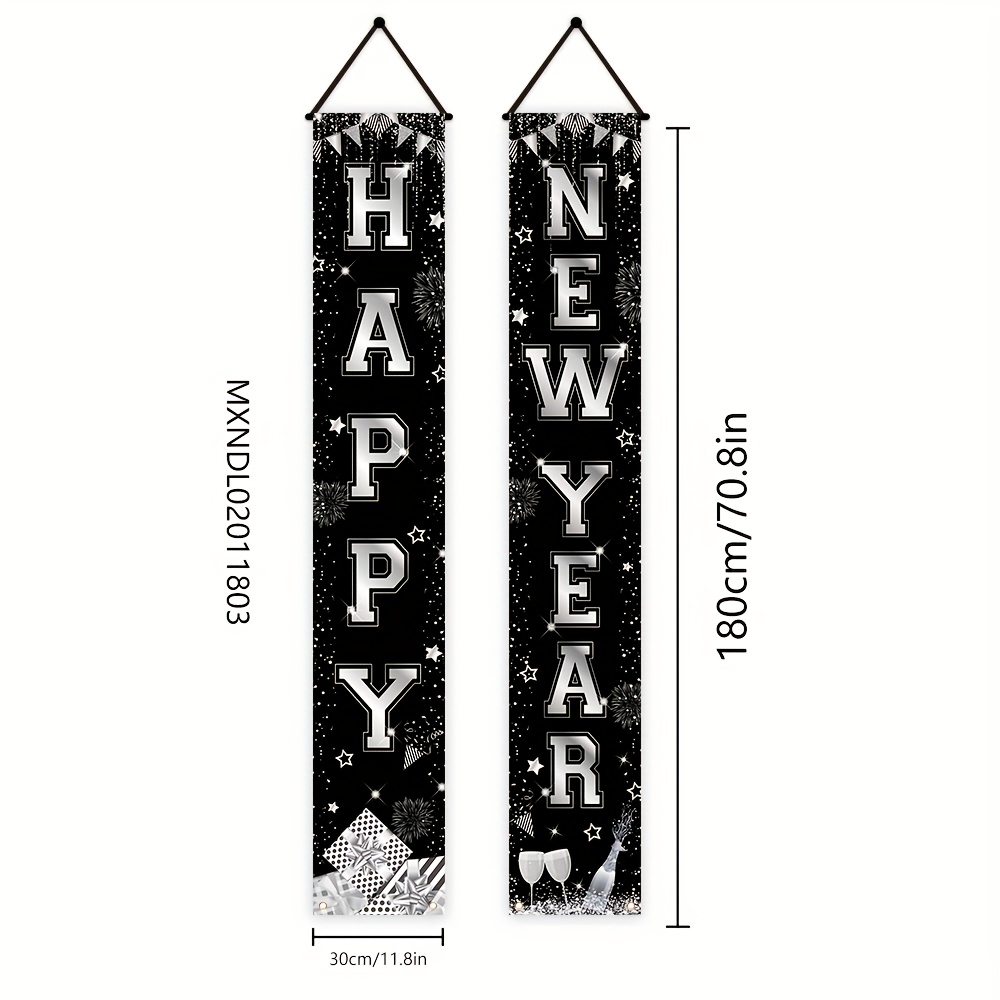 TEMU 1 Pair, Happy New Year Decoration Couplet, 180cm * 30cm/ Inches * 11.8 Inches, Black And Silvery Happy New Year Porch Decoration Banner, Home