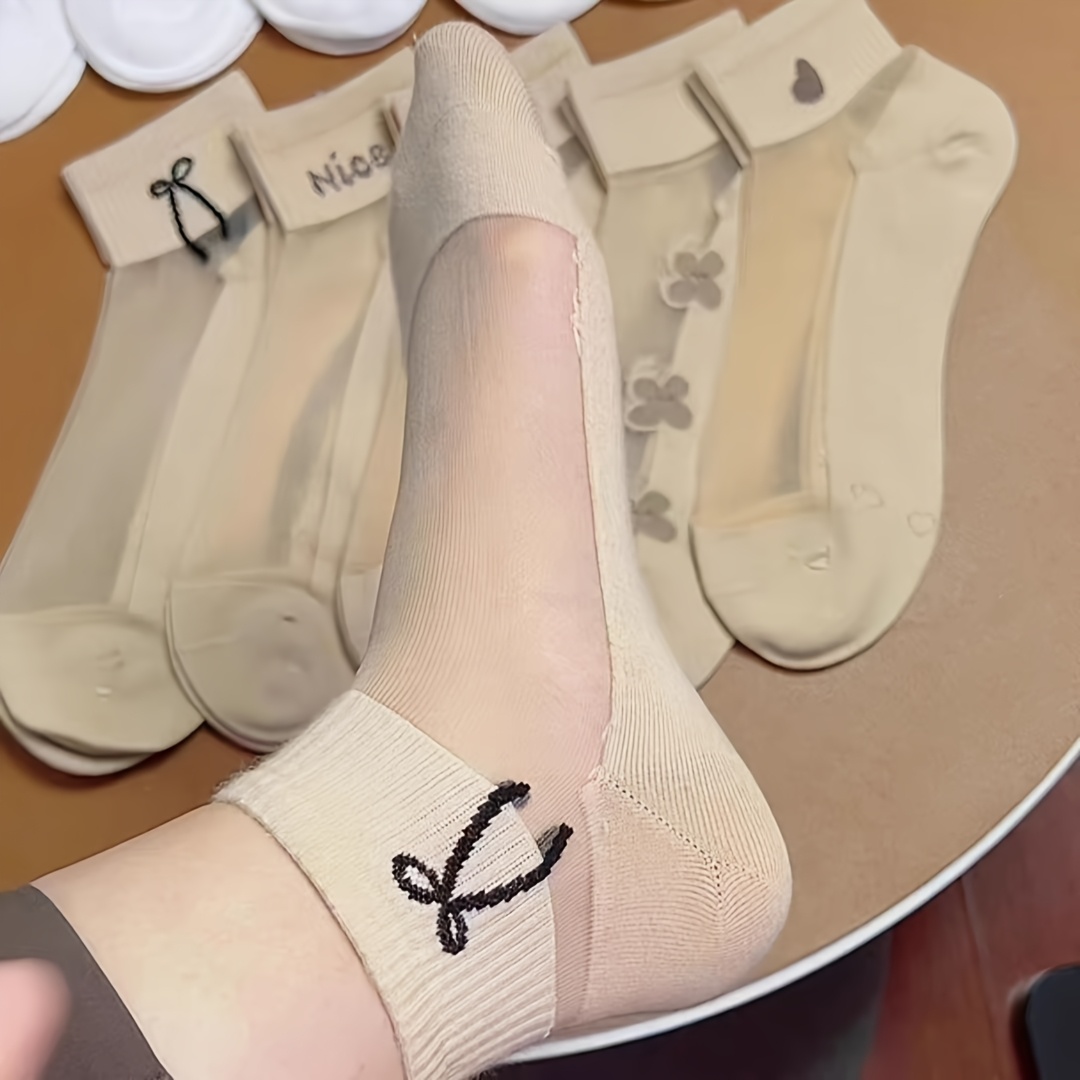 E-shop 5-Paar Kristallsocken, Sommerdünne Glas-Cartoon-Bär -Damen-Socken
