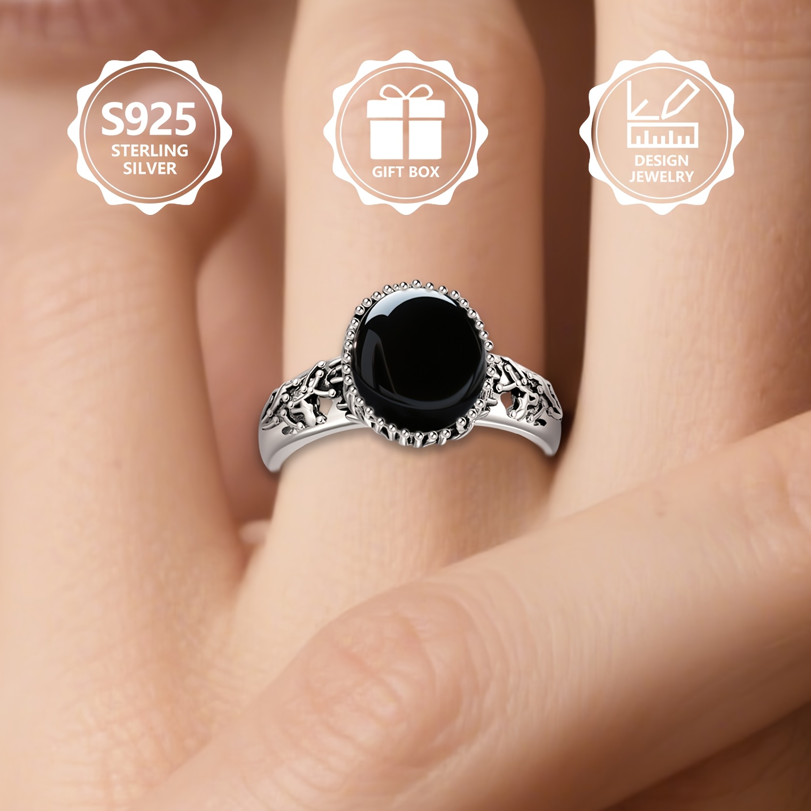 Women's 925 Sterling Silver Round Agate Ring, Vintage Vine Design