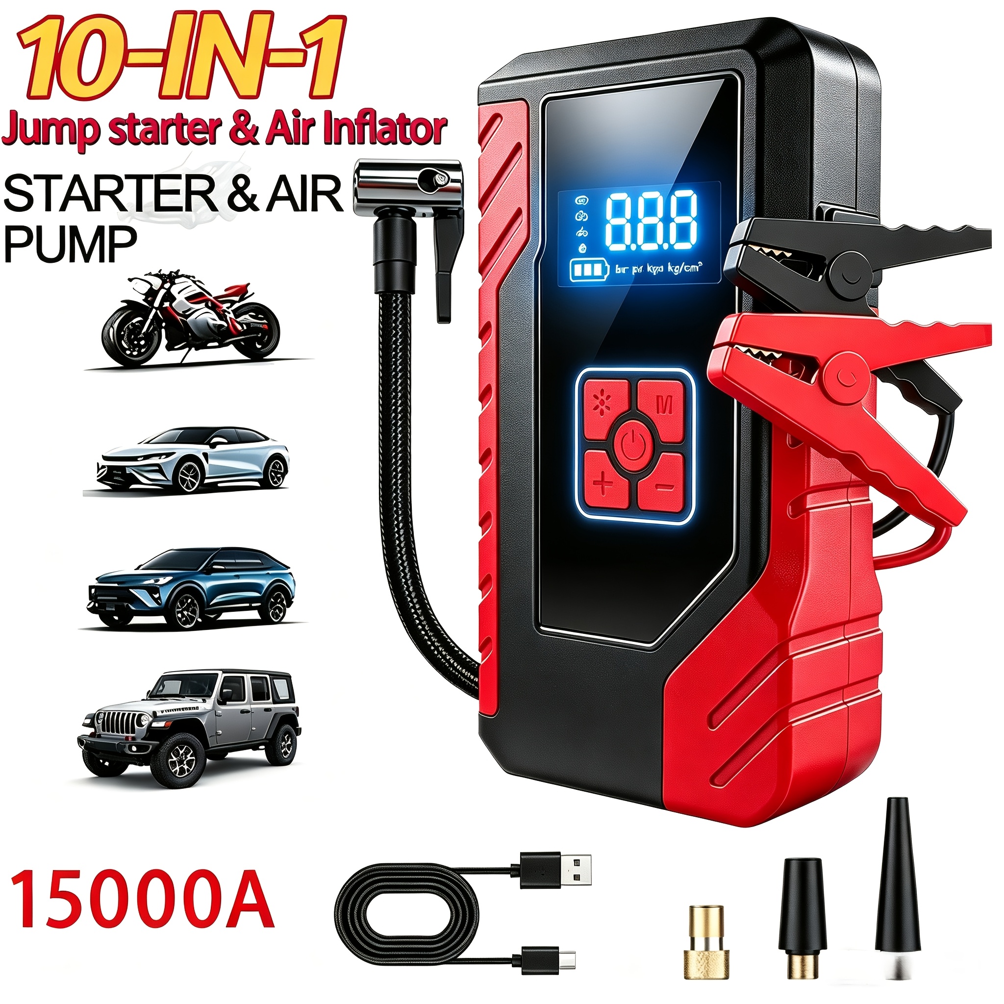 15000a Portable Emergency Power Supply, 14.8v Car Battery Charger, Optional Air Pump, Emergency Starter, Multiple , Power Supply Accessories Tools, With Usb Type-c And Usb Outputs, Quick Charging