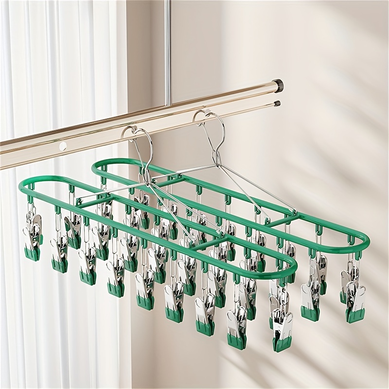 

1pc 19-inch Stainless Steel Clothes Drying Clip, Plastic Molding Technology, , 18 Clips With Windproof Hooks, Suitable For Clothes, Socks, And Underwear, Clothes Pins