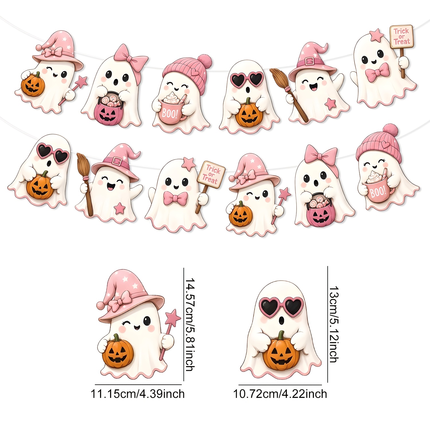 TEMU Bannière en papier d'Halloween rose , de dessin animé avec gourde, chapeau de sorcière et nœud, guirlande, guirlande à suspendre pour fête