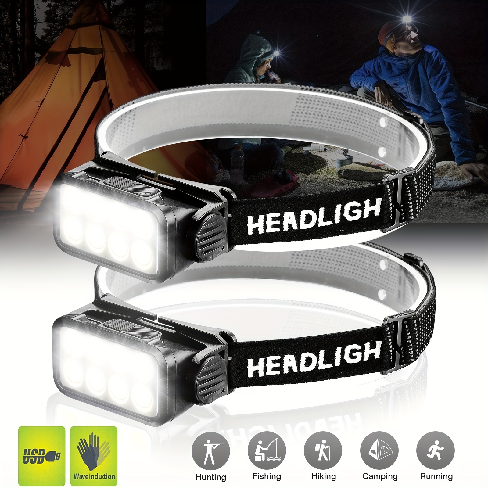 

2pcs Super Usb Rechargeable , 5 Cob Headlight & & 8 Hat For Camping, , Cycling (-in Battery)