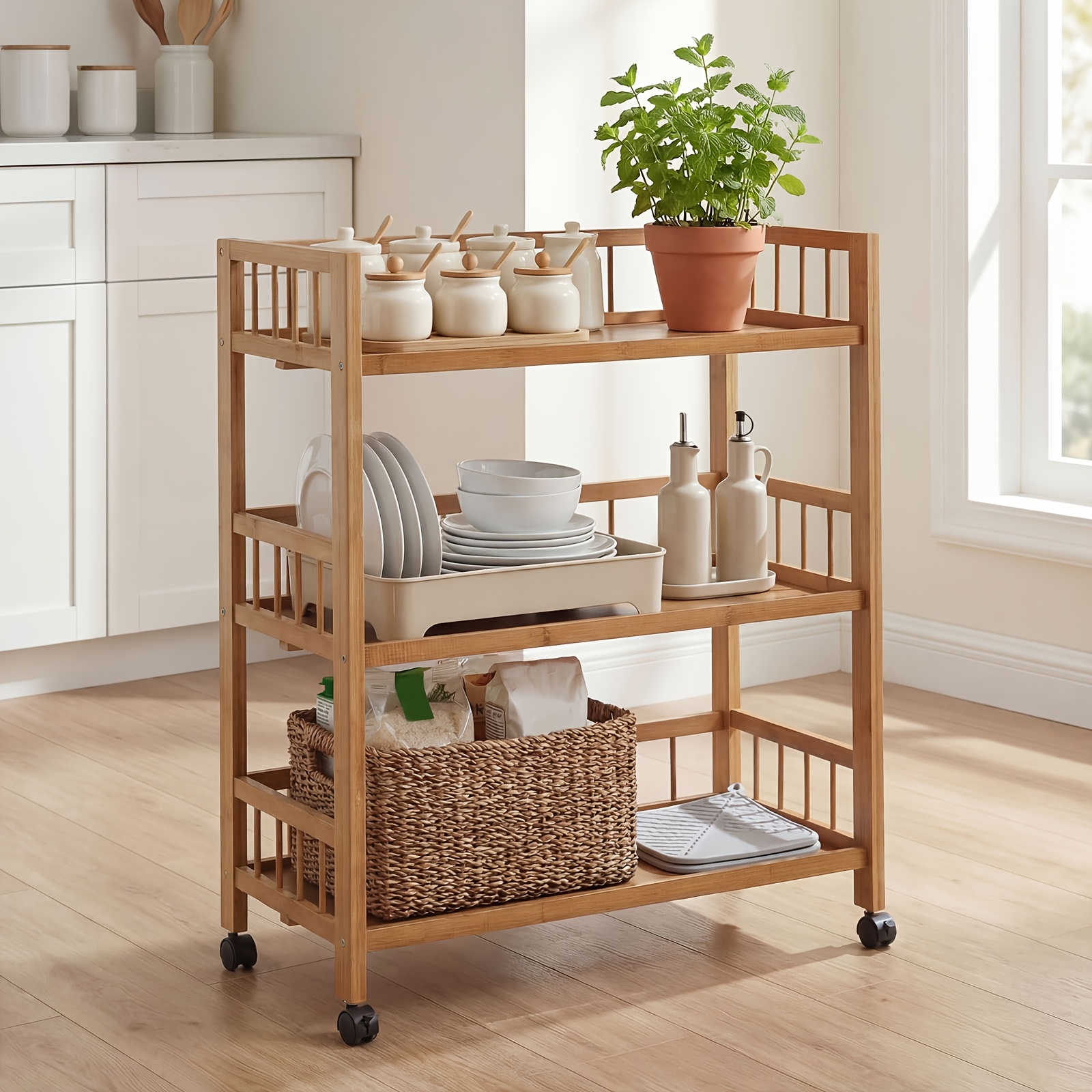 Three-tier Wooden Trolley, Multiple Sizes , Storage Rack, Omnidirectional Caster Mobile Kitchen Trolley, Easy To Clean, Suitable For Bathrooms, Bedrooms, And Living Room Shelves., Standing Shelf