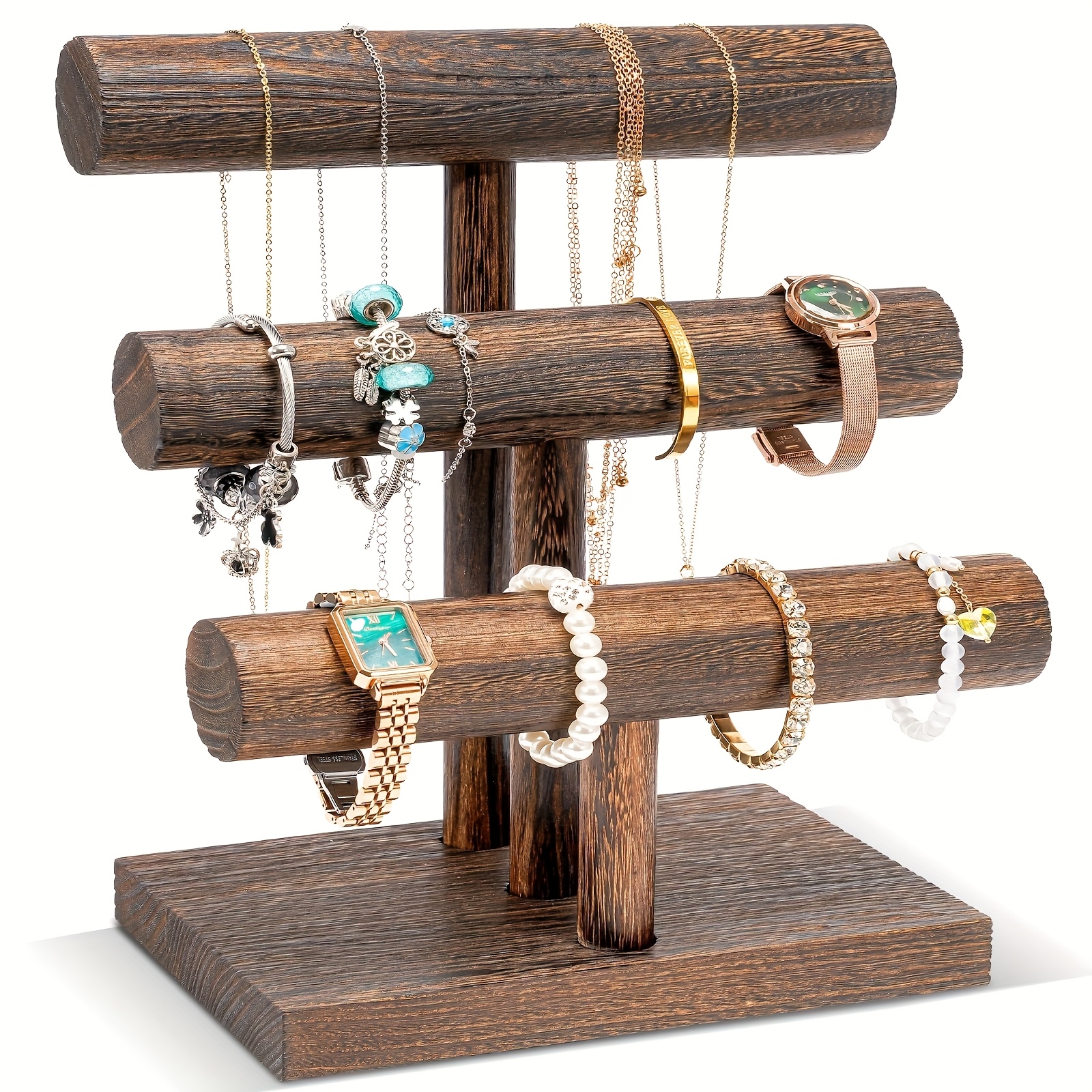 E-shop 2-stöckiger Armbandhalter aus Holz - Schmuck Organizer mit mehreren Haken, Desktop Display & Aufbewahrung für Armbänder, Halsketten - Robuste