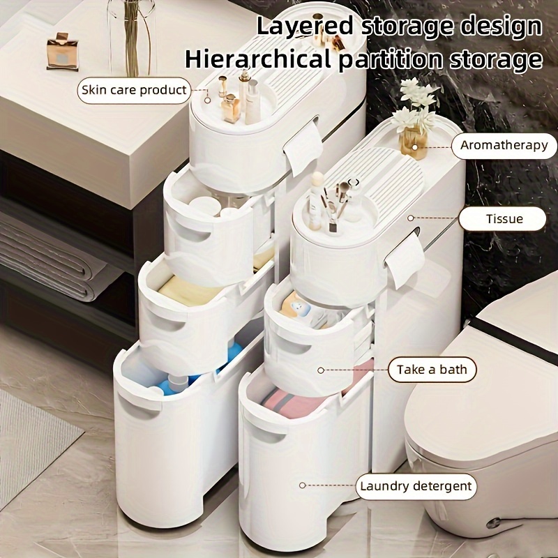 Slim Organizer Cart with Three Layers and Tissue Holder, White Plastic