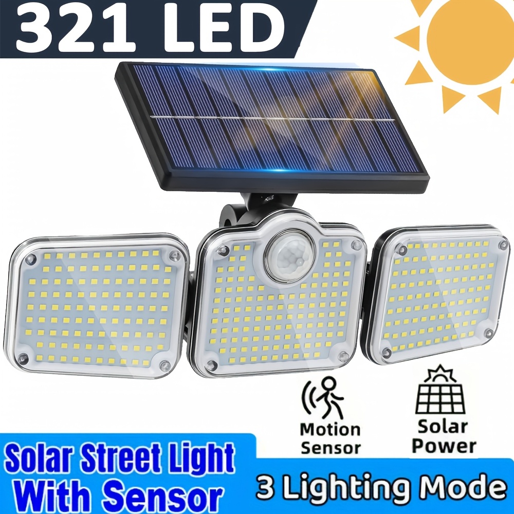 TEMU 1 pièce Lumière solaire d'extérieur, 321 LED Lumière de sécurité avec éclairage à 3 têtes, Lumière solaire à détecteur de mouvement IP65,