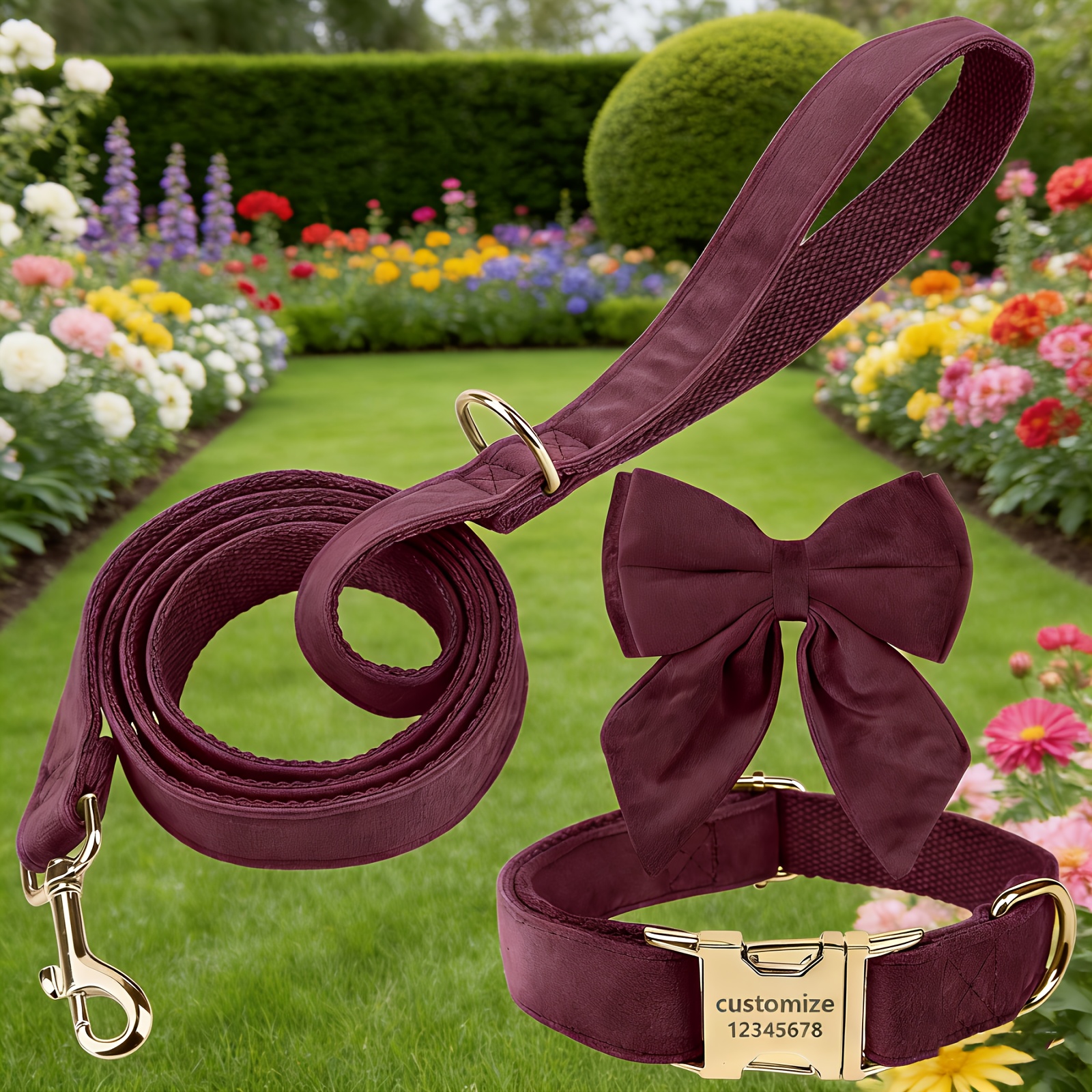 Personalized Custom Soft Velvet Dog Collar & Leash Set, 3pcs